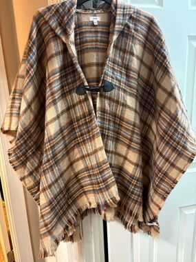 aerie Plaid Hooded Shacket in Cream, Brown & Blue